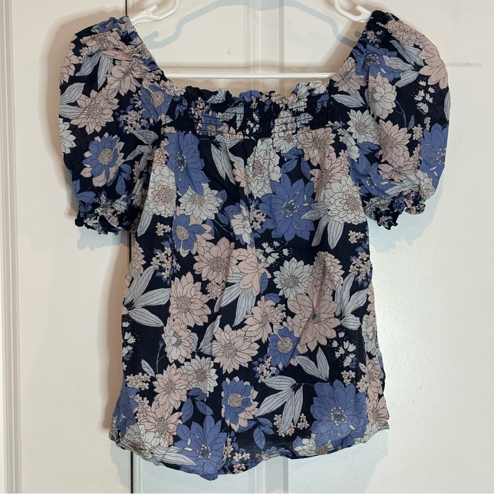 J. Crew Zinnia Floral Square Smock Neck Puff Short Sleeve Top XXS